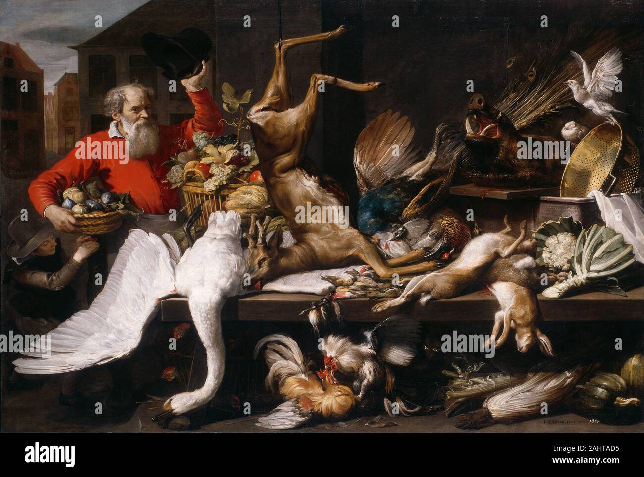 Frans Snyders. Ancora in vita con gioco morti, frutta e verdura in un mercato. 1614. Le Fiandre. Olio su tela La traboccante abbondanza di questo mercato fiamminga in stallo è animata dalla lotta contro i Galli, un gatto aggressivo e un pickpocket. Il dipinto è un importante esempio di precoce di Frans Snyder del Barocco dinamica combinazione di cifre e di still-life elementi. Egli fu probabilmente ispirato dallo stile di Peter Paul Rubens, che si sono distinti a figure mitologiche e la pittura religiosa. Snyders spesso hanno contribuito gli animali o frutta a Ruben di lavoro, e lui è diventato il principale esponente fiamminga di monumentale still-life Foto Stock