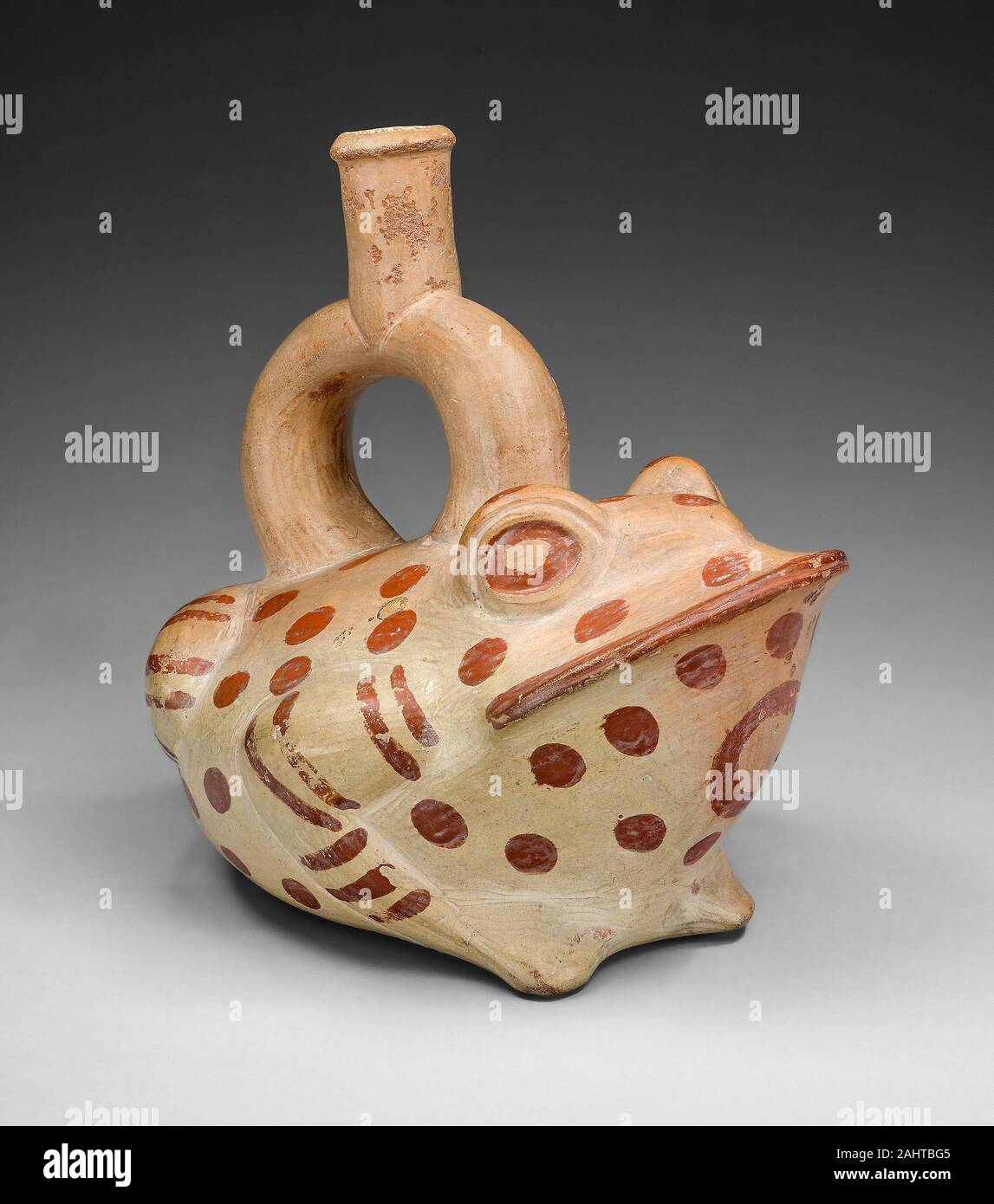 Moche. Nave raffigurante una rana maculato. 100 BC-500 D.C. Il Perù. Ceramica e pigmento Foto Stock