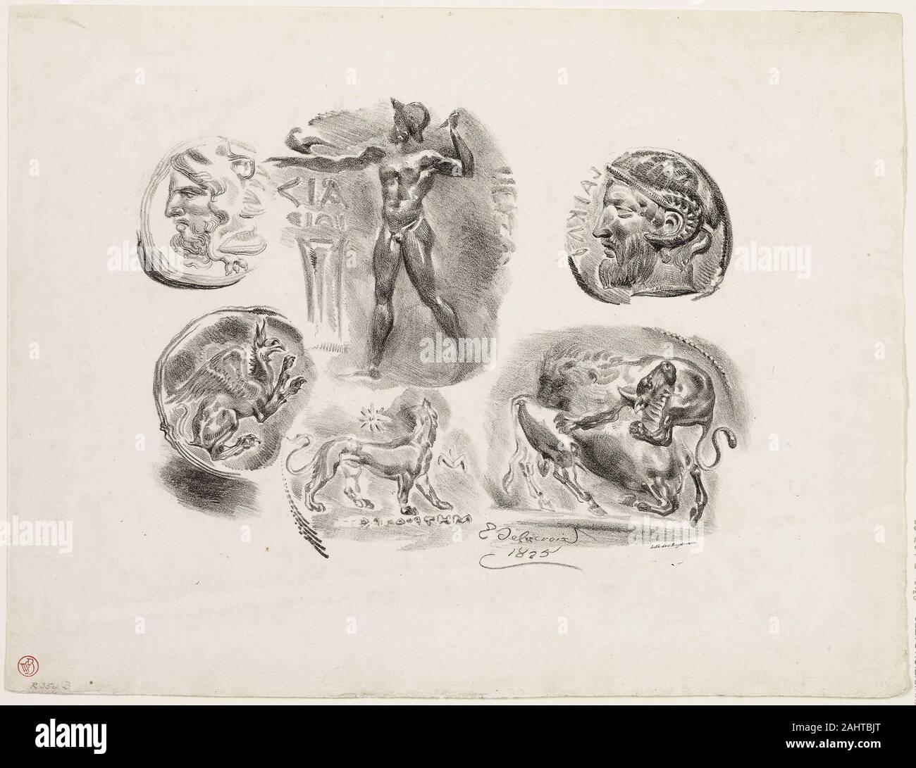 Eugène Delacroix. Foglio di sei medaglie antiche. 1825. La Francia. Litografia in bianco e nero in avorio carta intessuta Eugène Delacroix ha iniziato la produzione di litografie nella speranza di soddisfare il suo fabbisogno finanziario durante il tardo 1820s. Soprattutto ha stampato caricature e satire politico, illustrazioni di antica storia Francese e scene dal suo favorito le opere di Shakespeare e di Goethe. Le medaglie raffigurata in questa litografia apparteneva al Barone Schwiter e Duc de Blacas, per il quale ha stampato litografia di ritratti. Delacroix illustrato Duc de Blacas in un simile stile di vignette come quello utilizzato per la sua medaglia sketc Foto Stock