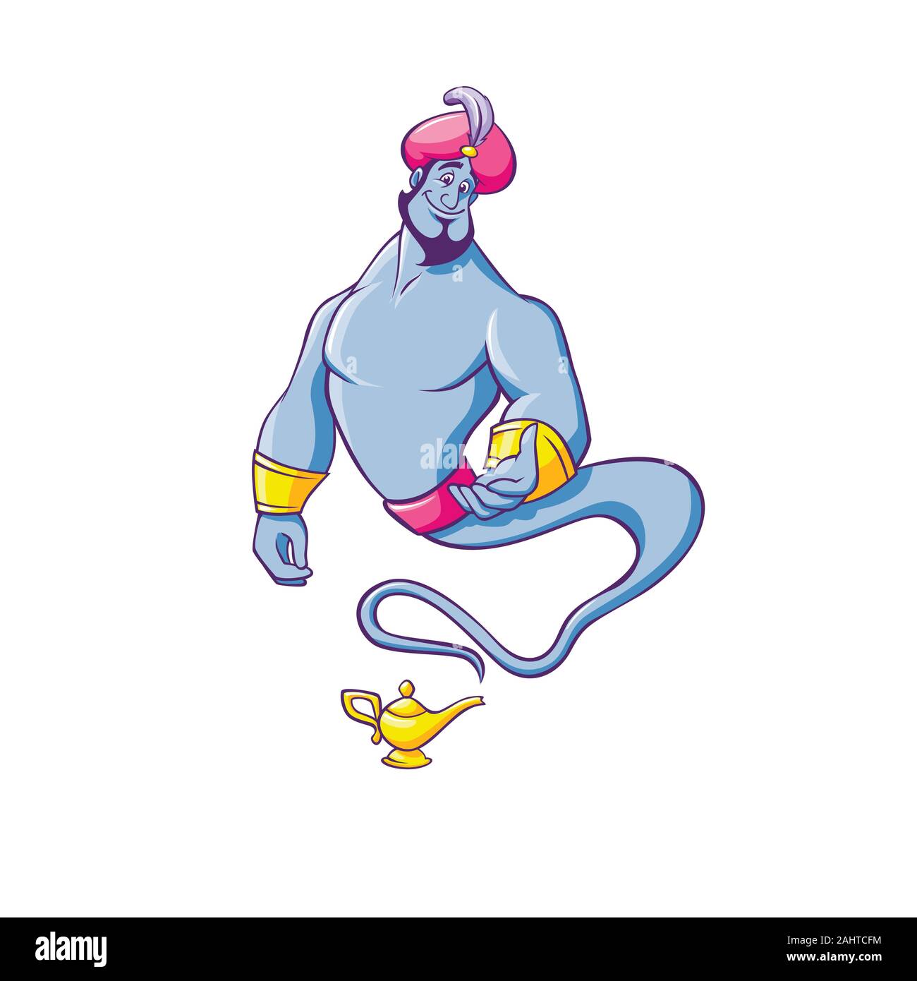 Cartoon sorridente genie venuta fuori la lampada magica vettore illustrazione piatta Illustrazione Vettoriale