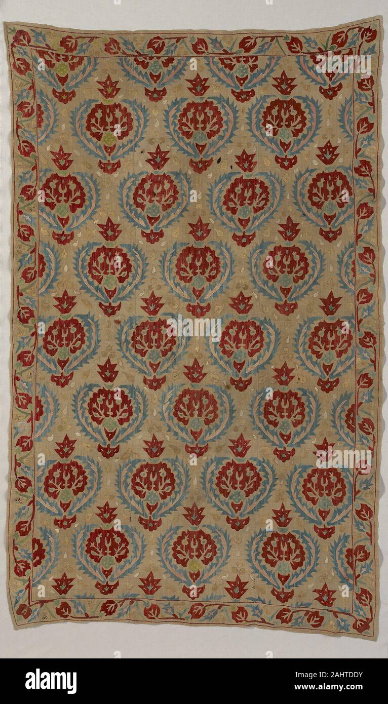 Coperchio. 1601-1700. La Turchia. Biancheria, ad armatura a tela; ricamato in seta in esecuzione (twill rammendo) e maglie dello stelo Foto Stock