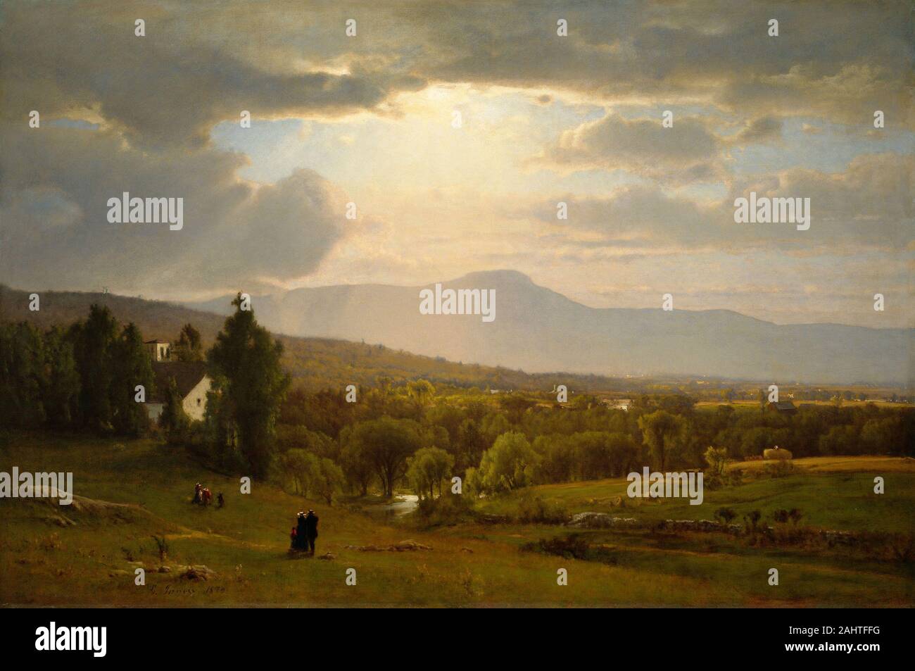 George Inness. Catskill Mountains. 1870. Stati Uniti. Olio su tela George Inness's Catskill Mountains raffigura una terra domati dalla presenza umana. La chiesa, curati attentamente i campi e la hayrick sulla destra sono tutte finemente delineata in un modo tipico di Inness presto stile. Anche se l'artista riverente la manipolazione del colore e della luce in questa immagine è stata spesso legate al suo interesse per la spiritualità Swedenborgian, essa riguarda anche la sua ammirazione per questo particolare distesa del paesaggio americano. Durante la metà del XIX secolo la Catskill Mountain range era America's premiere tou Foto Stock