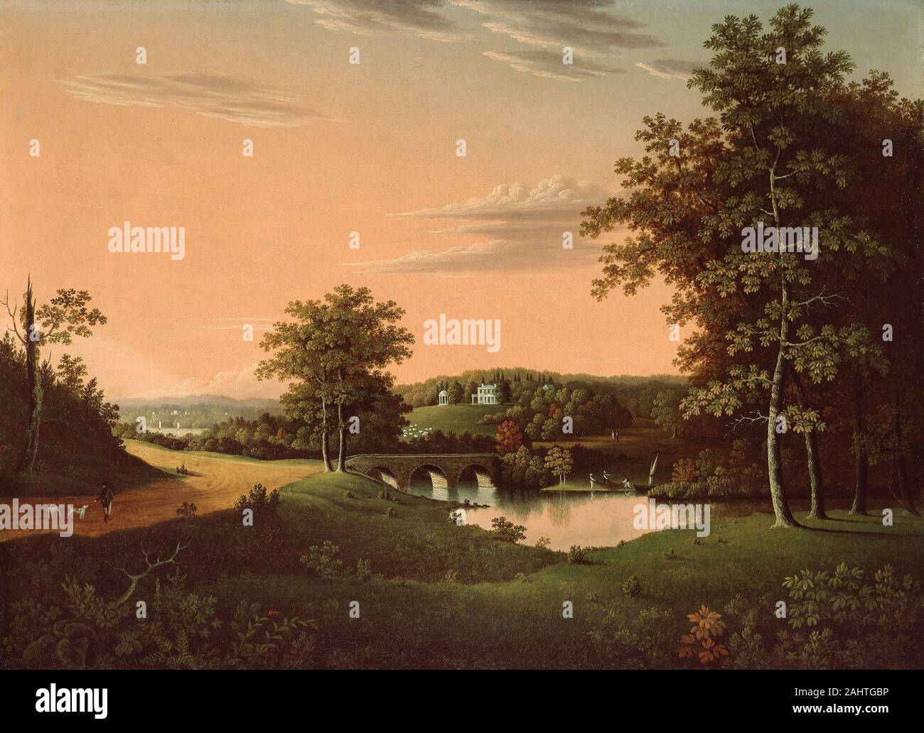 Charles B. Lawrence. Point Breeze, la station wagon di Giuseppe Napoleone Bonaparte a Bordentown, New Jersey. 1817-1820. Philadelphia. Olio su tela, sebbene sia basato in Philadelphia, paesaggio e ritratto pittore Charles Lawrence è nato vicino Bordentown, New Jersey, il sito dell'idilliaca scena raffigurata qui. Point Breeze era il nome della fattoria di proprietà di Giuseppe Bonaparte (il fratello più anziano dell'imperatore francese Napoleone I), che erano fuggiti in America dopo il fratello del calo di potenza. Sotto una calda luce dorata, di Napoleone homestead presiede sulla cima di una collina, con un ponte in pietra, lago, curv Foto Stock