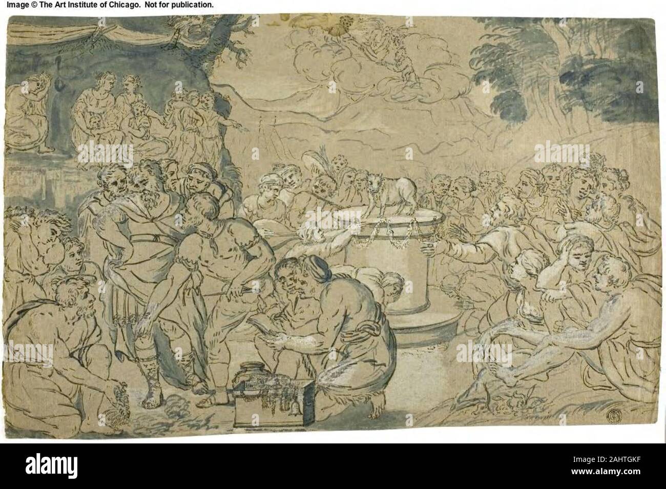 Antonio Zannoni. Il culto del vitello d'oro. 1668-1720. L'Italia. Penna e inchiostro nero con pennello e lavaggio blu, intensificato con filo bianco (parzialmente scolorito), su avorio di cui la carta Foto Stock