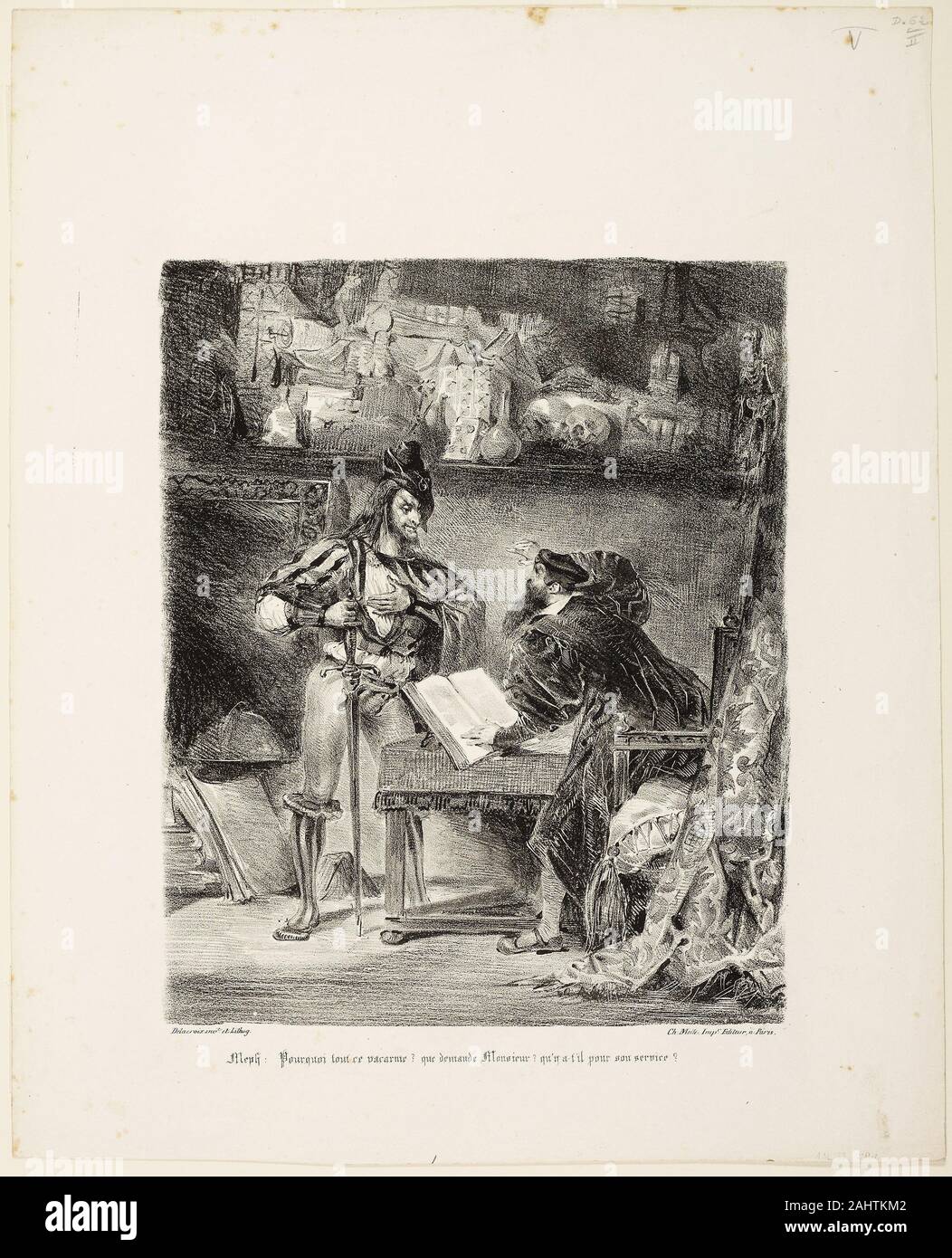 Eugène Delacroix. Mephistopheles apparendo Faust. 1828. La Francia. Litografia in bianco e nero in avorio carta intessuta Foto Stock