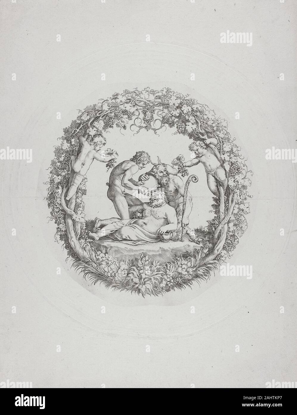 Annibale Carracci. Drunken Silenus (torrefazione Tazza Farnese ). 1592-1602. L'Italia. Incisione su avorio carta vergata conti contemporanea ha descritto la leggermente curvo la lastra di stampa (Museo di Capodimonte, Napoli) per questo Carracci incisione come un opera d arte e un recipiente per bere e per servire il vino "più bello … Silenos è incisa su un argento salver per il cardinale Farnese." una gemma romana da Farnese la vasta collezione probabilmente fornito l'immagine, mentre la piastra ha forma mima kylixes antica, come questo (1889.118), che è stata incisa con un delicato disegno geometrico mentre l'argilla era ancora bagnato Foto Stock