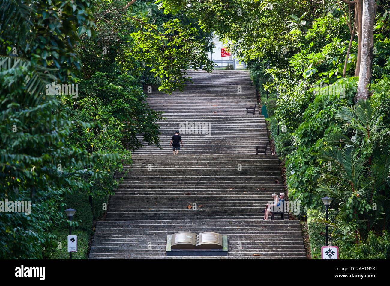 Lo stile di vita di un uomo è salire i lunghi gradini, due persone riposano accanto alla panchina. Parco naturale Bukit Batok, Singapore Foto Stock