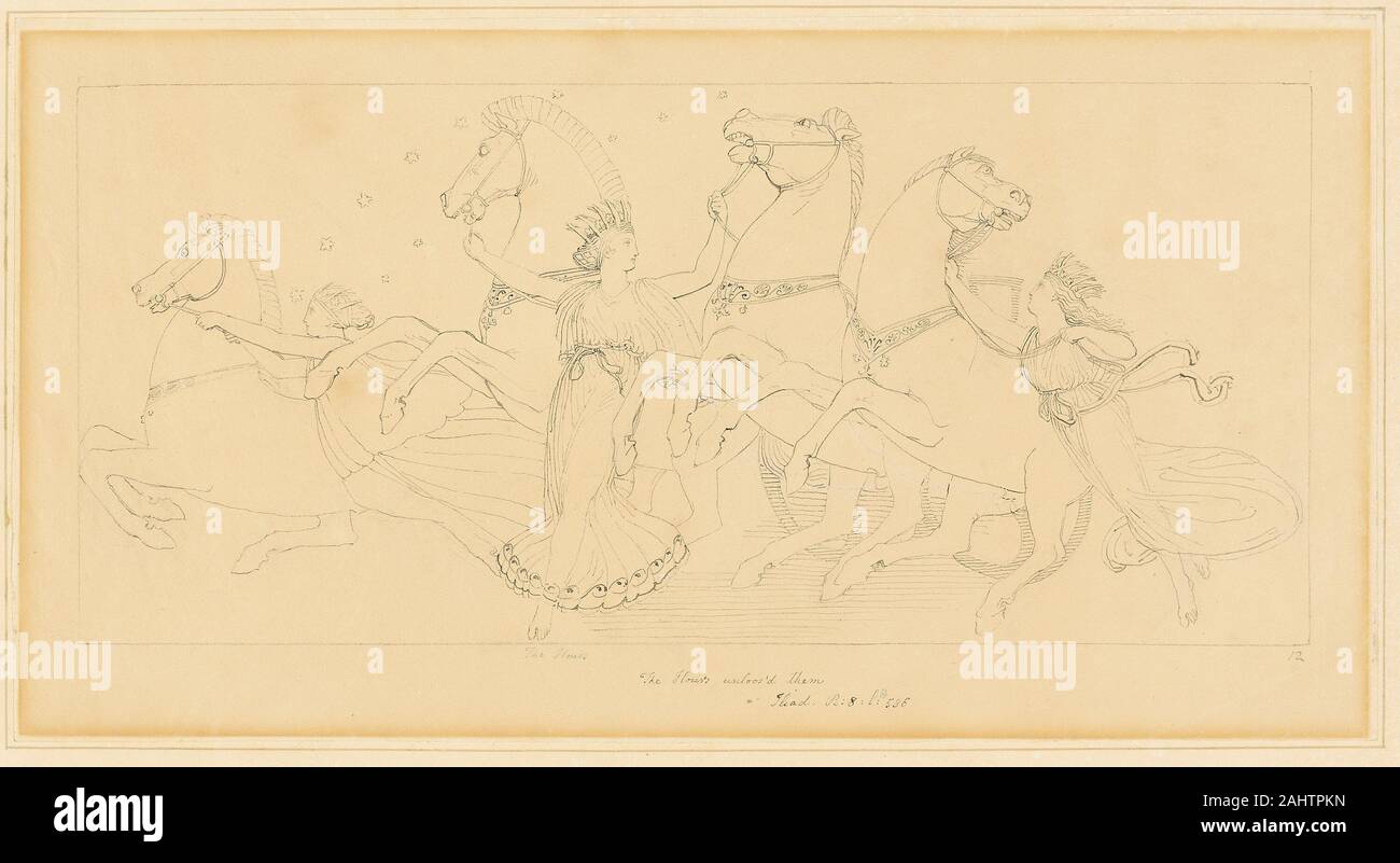 John Flaxman. Le ore prendendo i cavalli da Juno dell'auto. 1775-1826. In Inghilterra. Penna e inchiostro nero, su grafite, su tan carta intessuta, fissate sulla crema carta intessuta Foto Stock