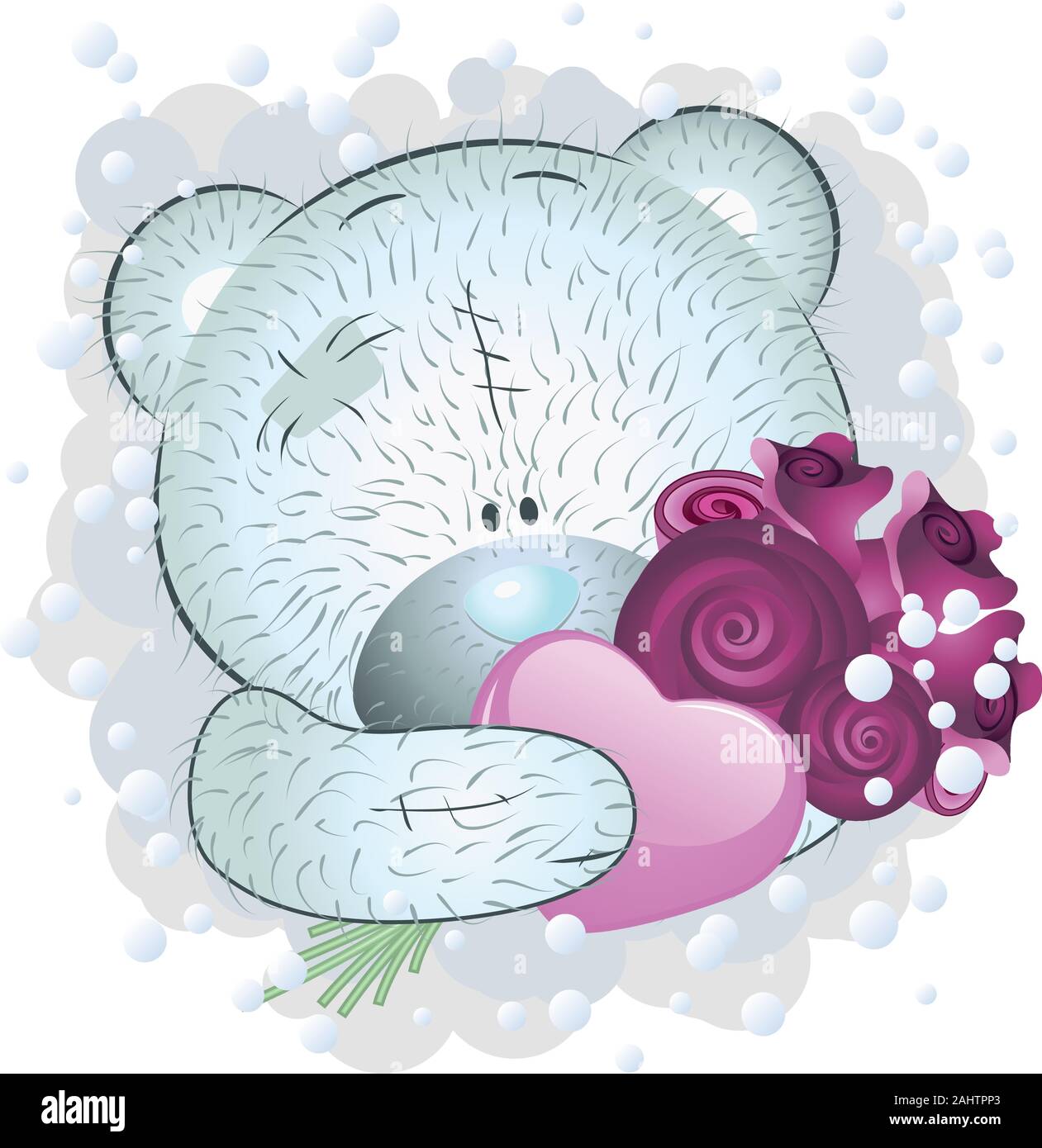Cartoon carino blue Teddy bear con il cuore e con le rose su sfondo bianco. Illustrazione Vettoriale