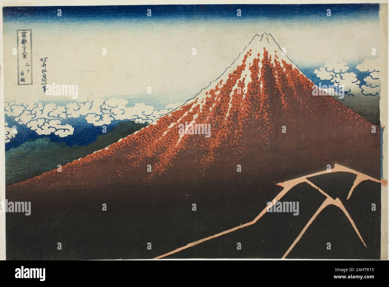 Katsushika Hokusai. Doccia di sotto del Vertice (Sanka hakuu), dalla serie Thirty-Six vedute del Monte Fuji (Fugaku sanjurokkei). 1825-1837. Il Giappone. Colore stampa woodblock; oban Foto Stock