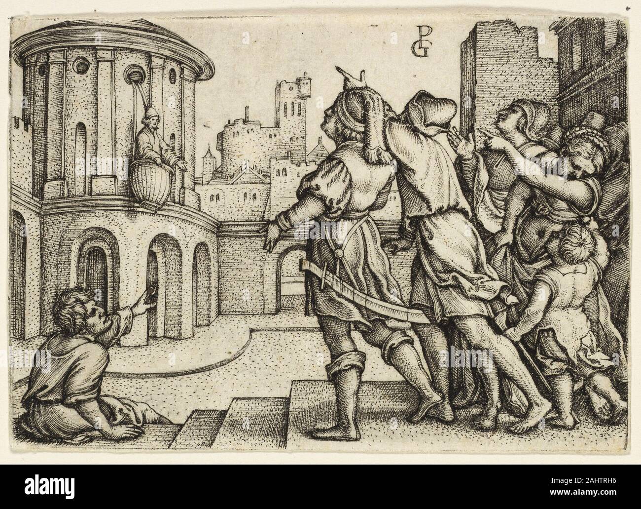 Georg Pencz. Virgilio Mago appeso nel cestello. 1541-1542. Germania. Incisione in nero su avorio di cui la carta in storie raccontate durante il Rinascimento l'antico poeta romano Virgilio era conosciuto come un mago o stregone. In una leggenda, divenne innamorato dell imperatore Augusto della figlia. Disinteressarsi di lui, ha ingannato lui in arrampicata in un cestello ad entrare nelle sue stanze. Dopo tirando lui a metà strada fino alla torre, ha letteralmente lasciato appeso, un oggetto di pubblico scherno. Foto Stock