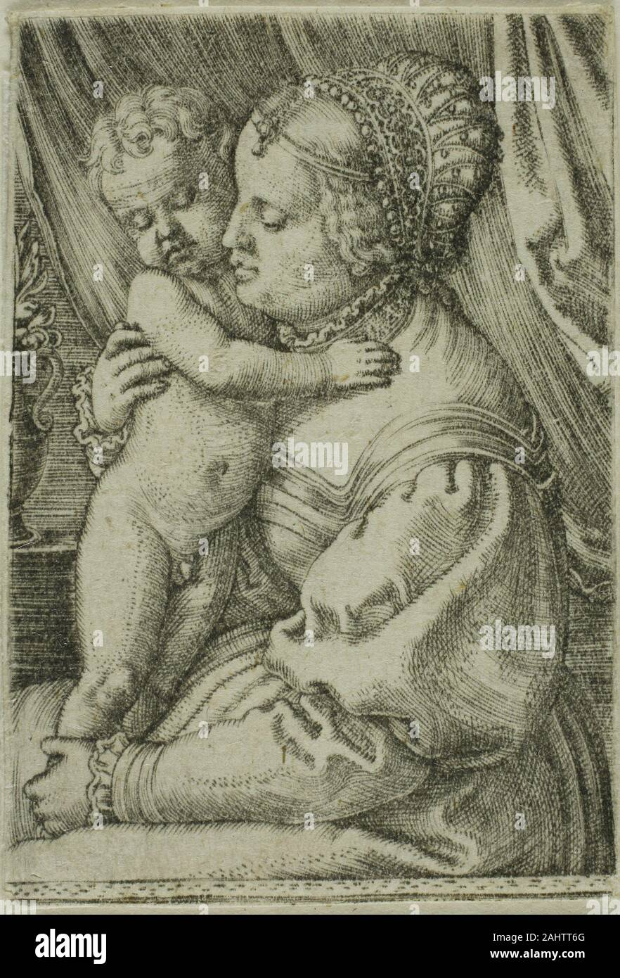 Barthel Beham. La Vergine con il bambino e il vaso. 1520-1540. Germania. Incisione in nero su avorio di cui la carta Foto Stock
