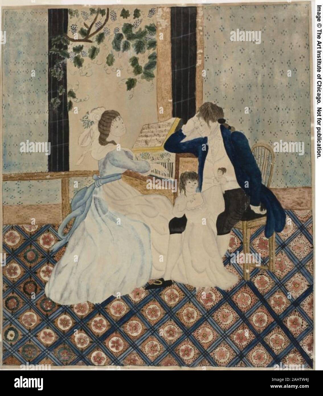 Eunice Pinney. Gruppo di famiglia al pianoforte. 1815-1825. Stati Uniti. Acquarello su carta Foto Stock