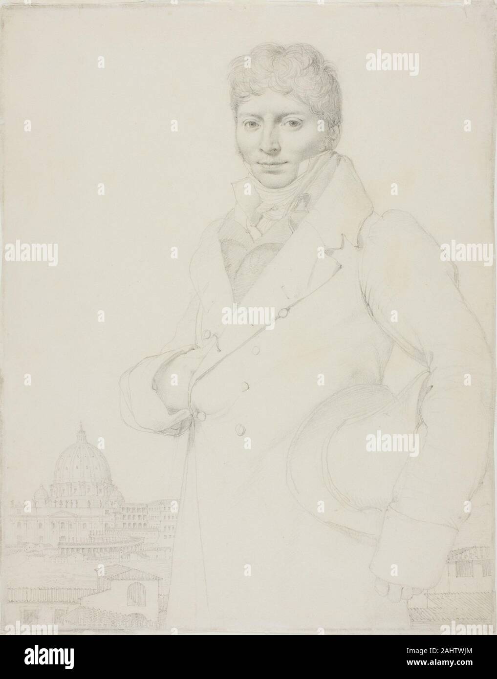 Jean Auguste Dominique Ingres. Ritratto di Jean-Louis Robin. 1809-1810. La Francia. Grafite, con sconcertante, su avorio carta intessuta Ingres il famoso detto che "Disegno è tutto; tutto è dell'arte", e che "fumo stesso dovrebbe essere espresso con una linea." Il suo celebre ritratto di disegni di esemplificare la sua devozione alla linea pura.Ingres ha richiamato il suo Ritratto di Jean-Louis Robin, medico capo dell'ospedale francese a Roma, da Villa Medici, il sito dell'Accademia di Francia a Roma, dove l'artista in residenza al momento. Nella distanza, disegnato con precisione tecnica, è la Basilica di San Pietro.Usi Foto Stock