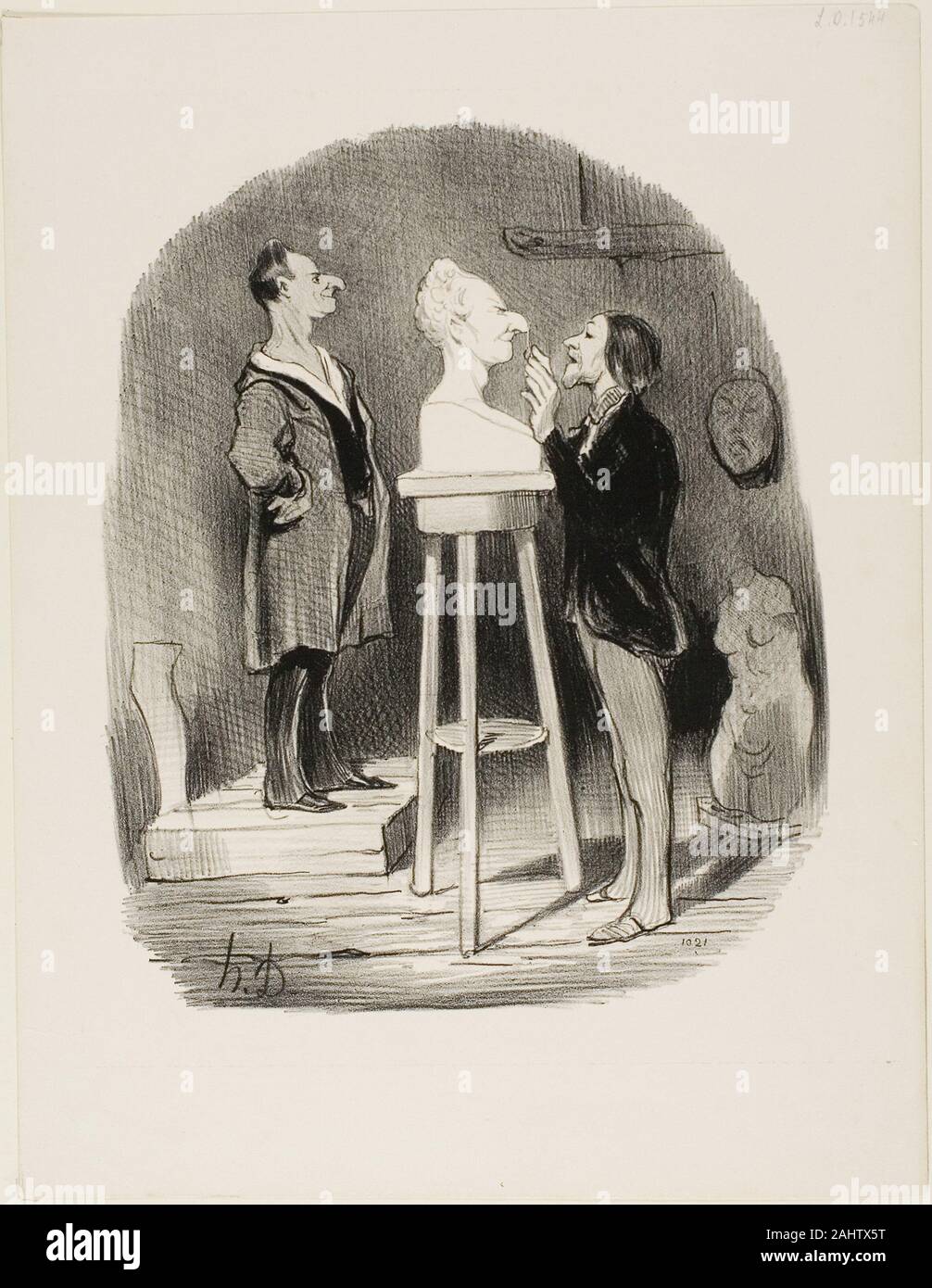 Daumier Honoré-Victorin. Monsieur Filochard, ex negoziante, pensionato, sente il bisogno di trasmettere il suo busto in marmo anche per i posteri più remoti, piastra 68 da Les Bons bourgeois. 1847. La Francia. Litografia in nero su bianco carta intessuta Daumier spesso colpito in divertimento presso la borghesia francese. Monsieur Filochard, ex negoziante visto qui, è un membro del les bons bourgeois (la buona borghesia). Questa stampa mostra lui usando la sua ritrovata tempo libero e di fondi da parte della Commissione di un costoso busto in marmo a sua somiglianza. La scelta del marmo oltre un ritratto dipinto suggerisce la sua intenzione di sfoggia il suo Foto Stock