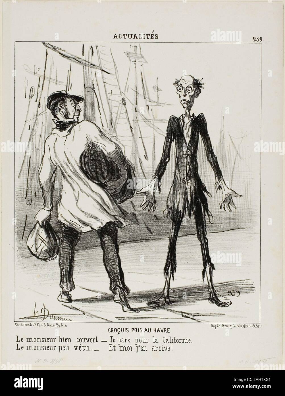 Daumier Honoré-Victorin. Schizzi da Le Havre. Il ben vestito gentleman "- Io sono in partenza per la California." Il poco vestite gentleman "- che è dove ho appena uscito da", la piastra 239 da Actualités. 1851. La Francia. Litografia in nero su bianco carta intessuta Foto Stock