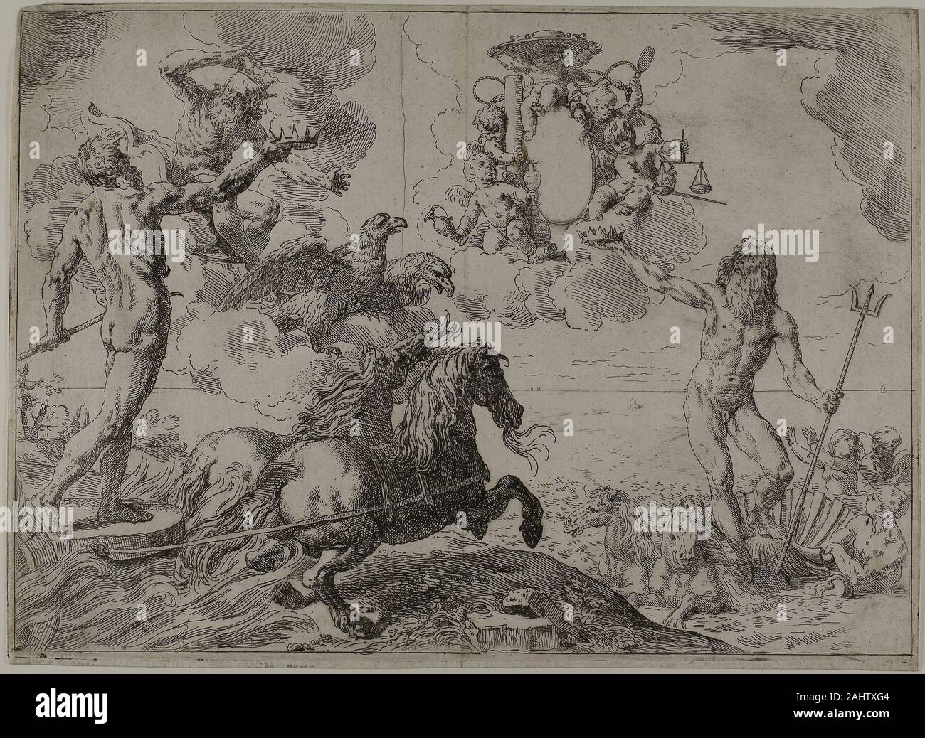 Simone Cantarini. Giove, Nettuno e Plutone che offrono le loro corone ai bracci del cardinale Borghese. 1640-1645. L'Italia. Incisione su avorio carta vergata Simone Cantarini primo progettato questa stampa per il frontespizio di una tesi di dottorato nel 1640. Originariamente l'immagine incluso lo stemma del Cardinale Pier Maria Borghese nonché quella della famiglia d'autore. Forse lo studioso stava pregando per la riuscita di un dottorato di difesa con l aiuto di questa potente il dedicatario. Cantarini raffigurato Giove avvicinando in un aquila-disegnato il carro a fianco di Nettuno e Plutone, che offrono le loro corone di immortalità Foto Stock
