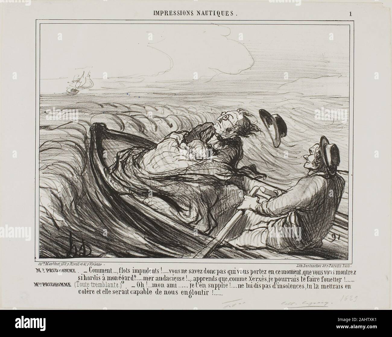 Daumier Honoré-Victorin. Il sig. Prudhomme "- Obnoxious onde.... non sai quale si stanno effettuando in questo momento ... oh audacious... so, come Xerxes, frusta è terribilmente. Mme Prudhomme (i brividi di paura) "- pregare, il mio caro amico, non offendere il mare di più ... si potrebbe attivare la sua furia e potrebbe divorare noi completamente!", piastra 1 da impressioni Nautiques. 1859. La Francia. Litografia in nero su bianco carta intessuta Foto Stock