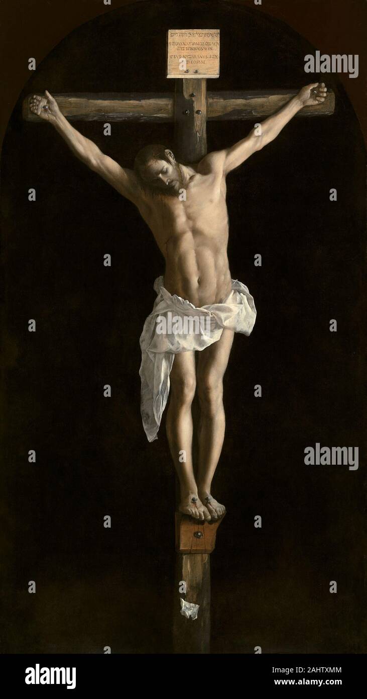 Francisco de Zurbarán. La crocifissione. 1627. Spagna. Olio su tela inizio verso la metà del sedicesimo secolo, la Chiesa cattolica romana ha chiarito e ribadito la sua dottrina e prassi in uno sforzo per combattere l'impatto della Riforma Protestante. Questo sforzo, noto come la Controriforma, riconosciuto il progetto educativo e valore ispiratore di immagini visive e richiesto agli artisti di lavorare in uno stile che ha favorito la chiarezza e fervore drammatico.nel 1627 da Francisco de Zurbarán, quindi vivere e lavorare in provincia città spagnola di Llerena, dipinta questa crocifissione per il monastero di San Pablo Foto Stock