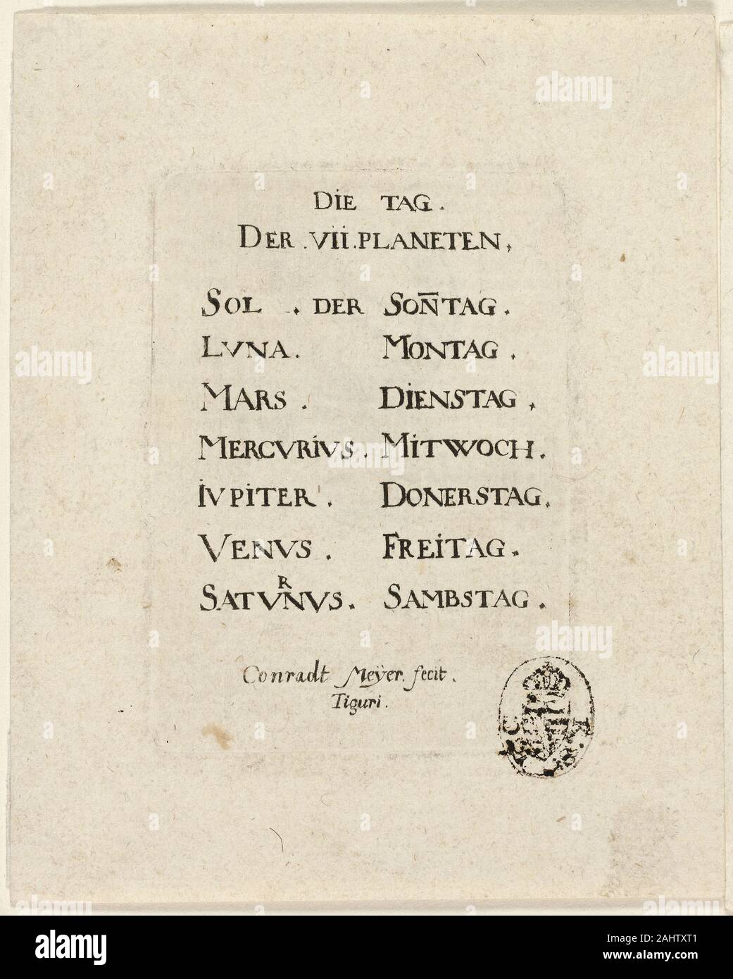Conrad Meyer. Pagina titolo, da Der VII Planeten. 1643-1689. La Svizzera. Attacco in nero su avorio di cui la carta Foto Stock