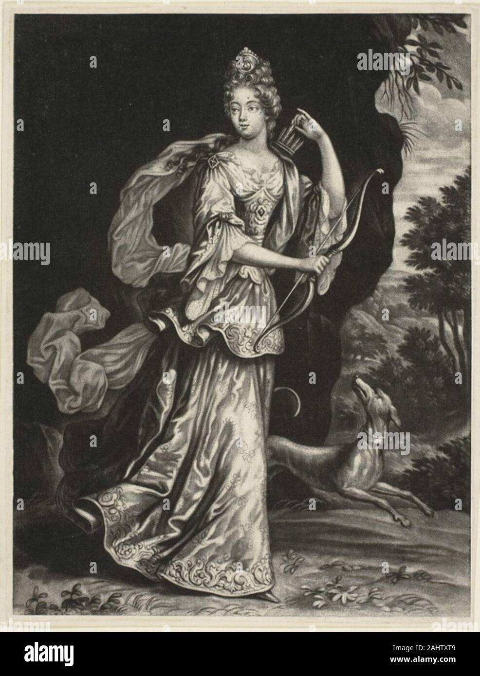Pieter Schenk. Anna Catharine Mouy, contessa di Broglia, come la dea Diana. 1680-1718. Paesi Bassi. Mezzatinta su carta Foto Stock