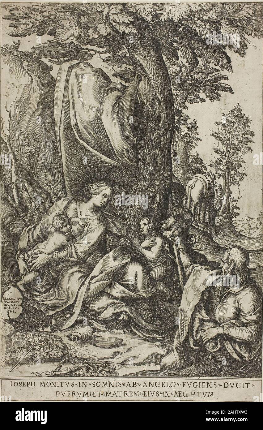 Bernardino Passeri. Resto sulla fuga in Egitto. 1583. L'Italia. Incisione in nero su carta Bernardino Passeri era un pittore, incisore e stampante che ha lavorato a Roma negli ultimi decenni del XVI secolo. Questa incisione monumentale apparteneva probabilmente ad una serie più ampia di relativi soggetti religiosi dello stesso anno. In questa composizione, il movimento eccessivo degli alberi e il paesaggio è complicato da Joseph di collocamento, sporgersi nel visualizzatore per lo spazio di un tipico dispositivo di barocco. Sebbene molti dei Passeri i disegni sono stati riprodotti da altri incisori, l'iscrizione su questo esempio indic Foto Stock Bernardino Passeri. Resto sulla fuga in Egitto. 1583. L'Italia. Incisione in nero su carta Bernardino Passeri era un pittore, incisore e stampante che ha lavorato a Roma negli ultimi decenni del XVI secolo. Questa incisione monumentale apparteneva probabilmente ad una serie più ampia di relativi soggetti religiosi dello stesso anno. In questa composizione, il movimento eccessivo degli alberi e il paesaggio è complicato da Joseph di collocamento, sporgersi nel visualizzatore per lo spazio di un tipico dispositivo di barocco. Sebbene molti dei Passeri i disegni sono stati riprodotti da altri incisori, l'iscrizione su questo esempio indic Foto Stock