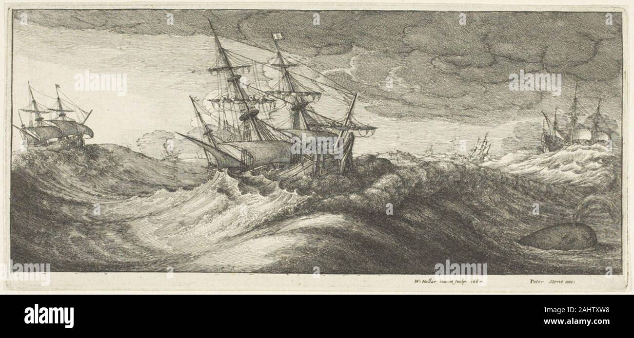 Wenceslaus Hollar. Le navi da guerra e una balena di insufflazione del. 1665. Boemia. Incisione su avorio di cui la carta Foto Stock