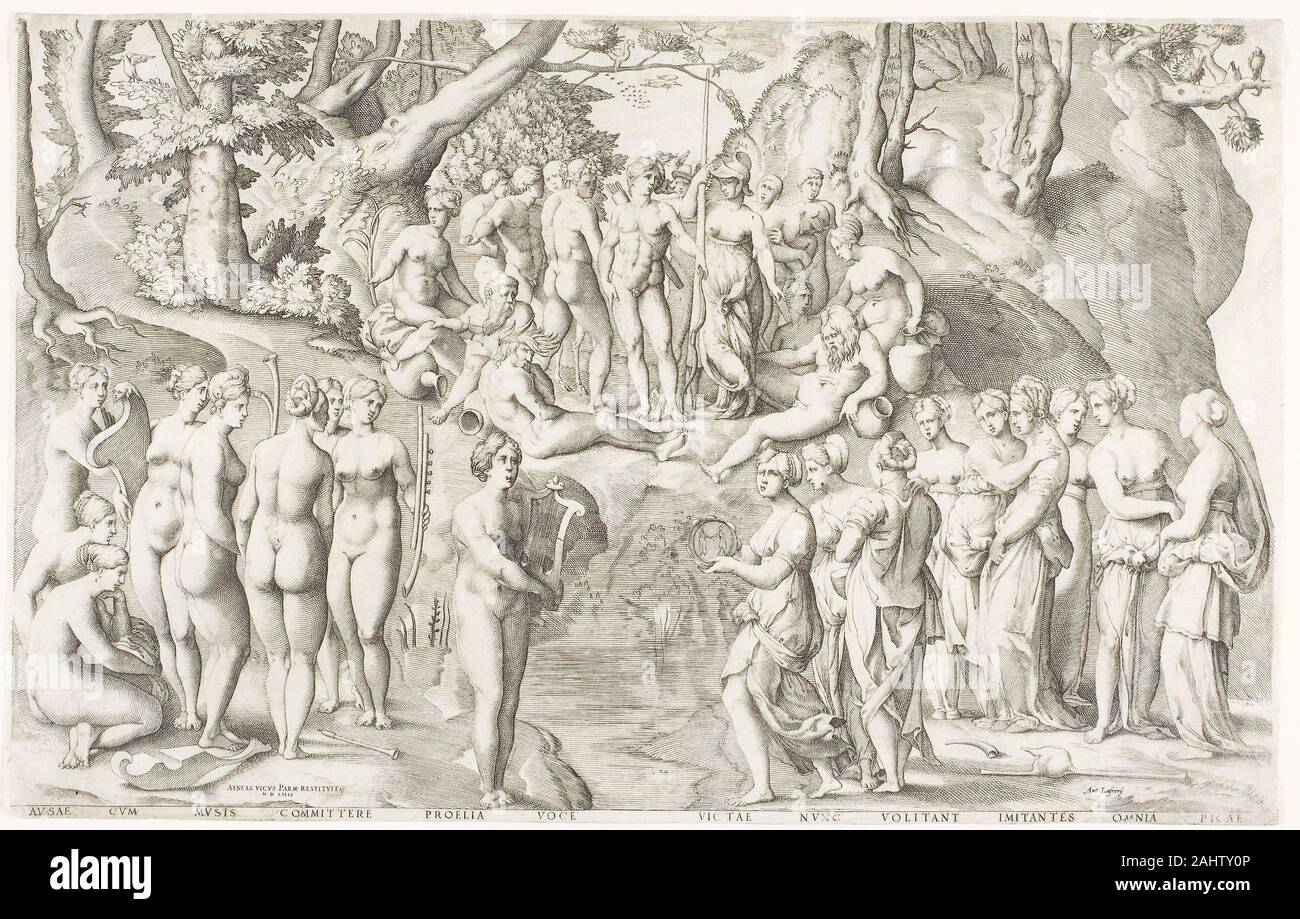 Enea Vico. La controversia tra le muse e le figlie di Pierios su Parnassus. 1553. L'Italia. Incisione, stampato in nero su carta un Renaissance printmaker che riprodotta anche medaglie antiche, Enea Vico inciso questa scena di sesso femminile merlata artistica. Le Muse, figlie di Zeus e Mnemosyne e compagni di Apollo sul monte Parnaso, diffondere l' arte e la cultura di tutto il mondo. Ma i loro doni ha ispirato anche tracotanza. Secondo le Metamorfosi di Ovidio, il mitico re macedone Pierios denominato sue nove figlie dopo la Muse, credendo di sarebbe come talento. Qui Apollo, un wreathe Foto Stock