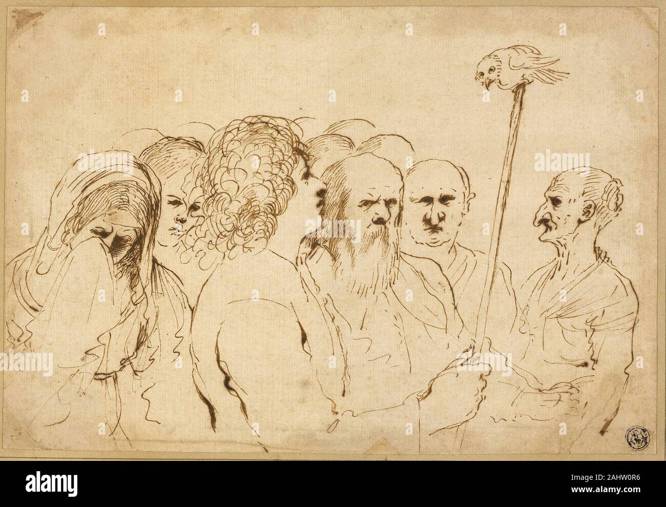 Il Guercino. Il gruppo di figure, con il gufo su un palo. 1611-1666. L'Italia. Penna e inchiostro bruno su avorio carta vergata, fissate sulla carta velina tan card Foto Stock Il Guercino. Il gruppo di figure, con il gufo su un palo. 1611-1666. L'Italia. Penna e inchiostro bruno su avorio carta vergata, fissate sulla carta velina tan card Foto Stock