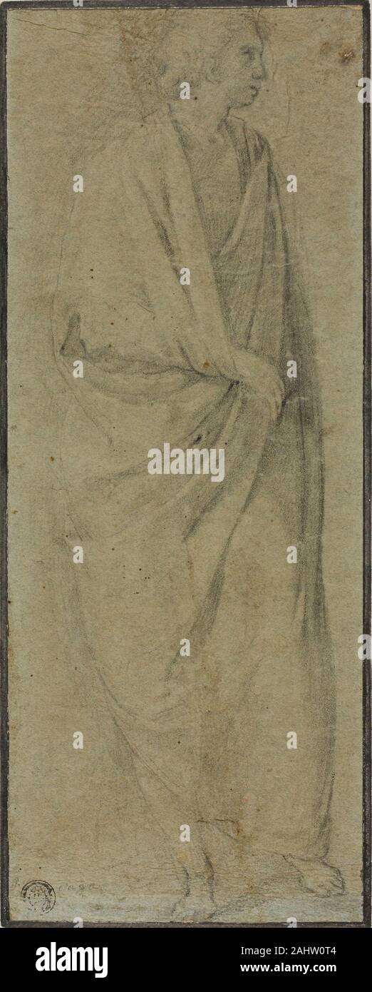 Fiorentino sconosciuto. Drappeggiato permanente figura maschile. 1580-1599. L'Italia. Gesso nero su blu (scolorito) carta vergata, fissate sulla crema carta intessuta Foto Stock