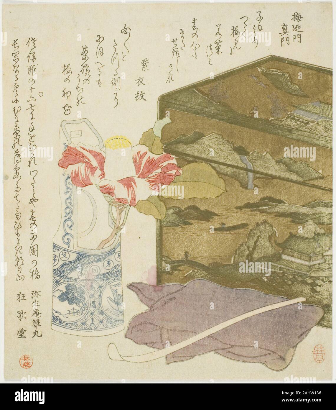 Rintei. Camelia in vaso e tè-arnese Box. 1820-1830. Il Giappone. Colore stampa woodblock; shikishiban, surimono Foto Stock