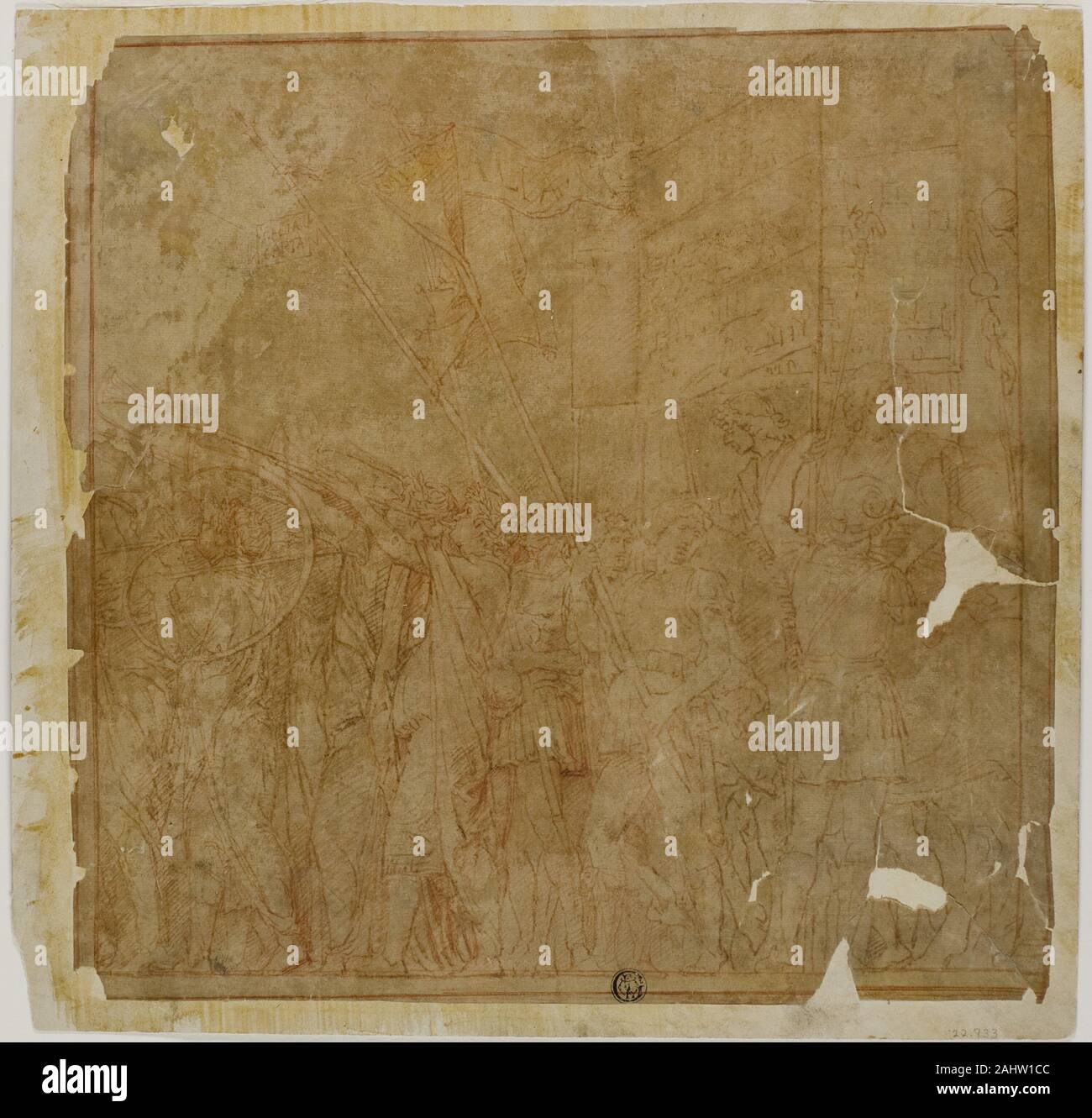 Andrea Mantegna. Studio per i trionfi di Giulio Cesare tela n. I. 1490-1550. L'Italia. Penna e inchiostro bruno con matita rossa, sul tan carta vergata, stabilite su avorio carta intessuta Foto Stock