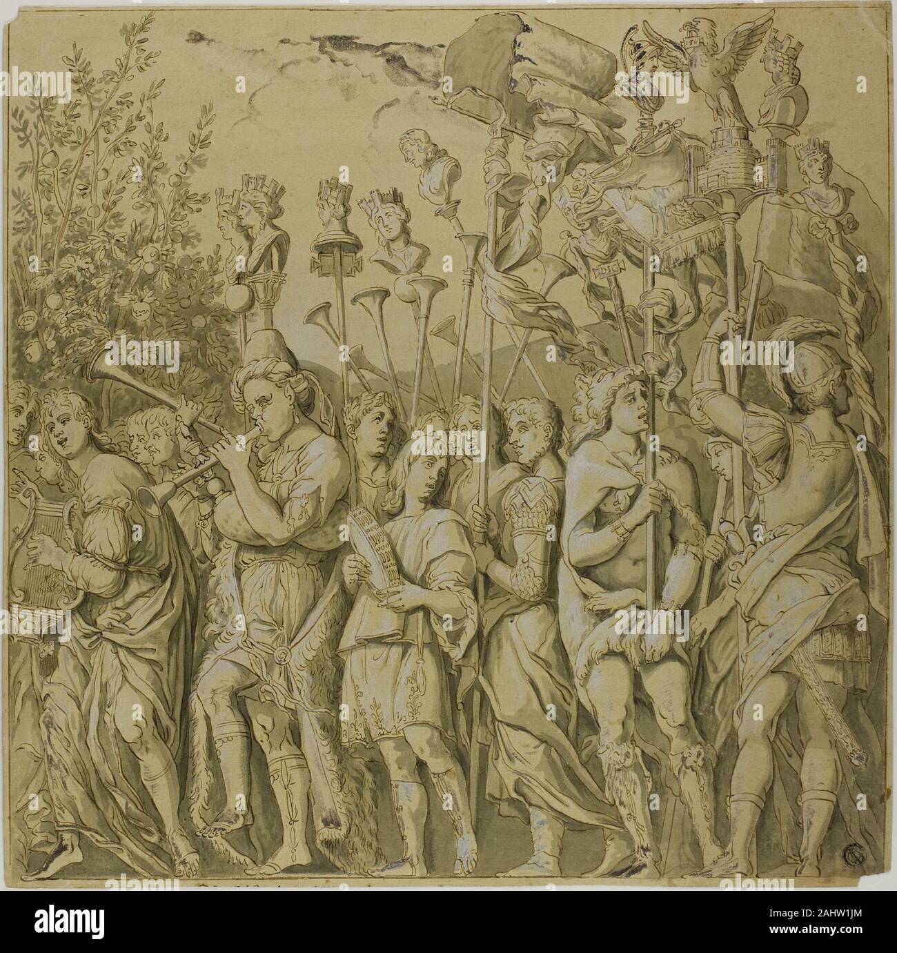 Andrea Mantegna. Trionfi di Giulio Cesare tela n. VII. 1700-1799. L'Italia. Penna e inchiostro bruno, con spazzola e grey wash, intensificato con filo bianco (ossidato), la crema di cui carta preparata con lavaggio giallo Foto Stock