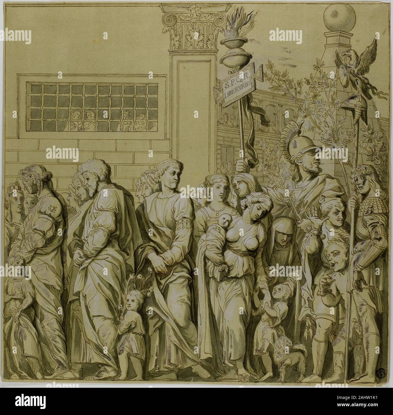 Andrea Mantegna. Trionfi di Giulio Cesare tela n. VII. 1700-1799. L'Italia. Penna e inchiostro bruno, con spazzola e grey wash, intensificato con filo bianco (ossidato), la crema di cui carta preparata con lavaggio giallo Foto Stock