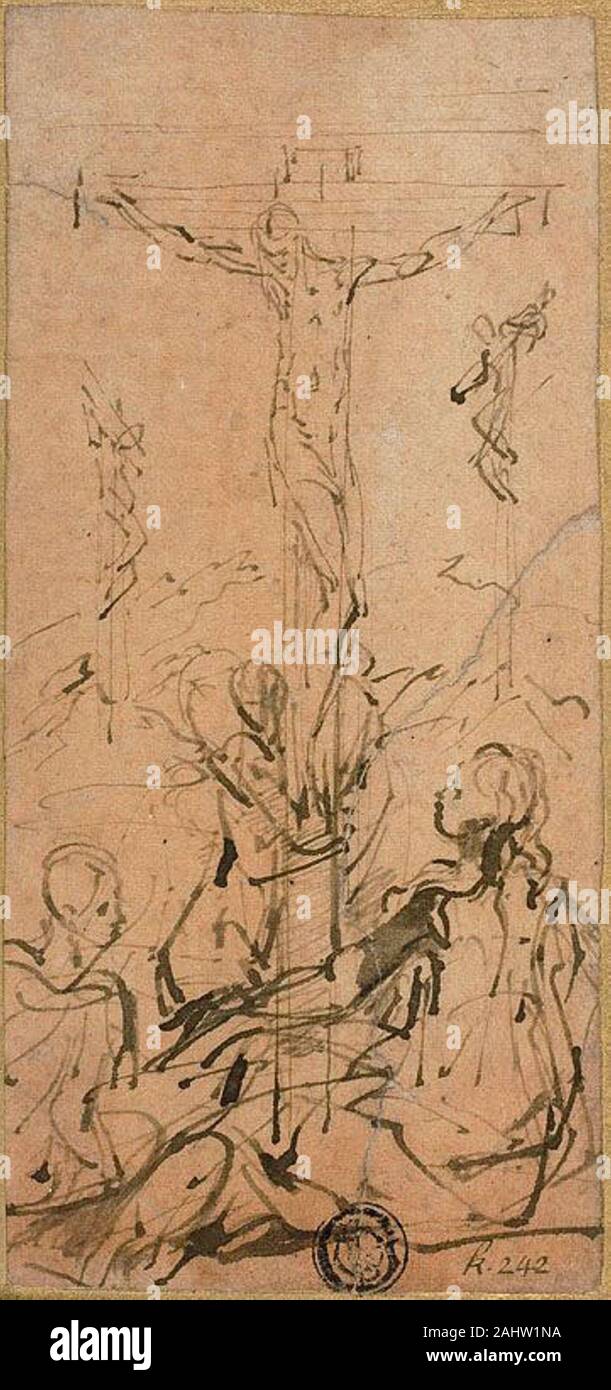 Parmigianino. La crocifissione. 1524-1527. L'Italia. Penna e inchiostro bruno su la crema di cui carta, preparati con colore arancione pallido lavaggio, fissate sulla carta velina avorio card Foto Stock
