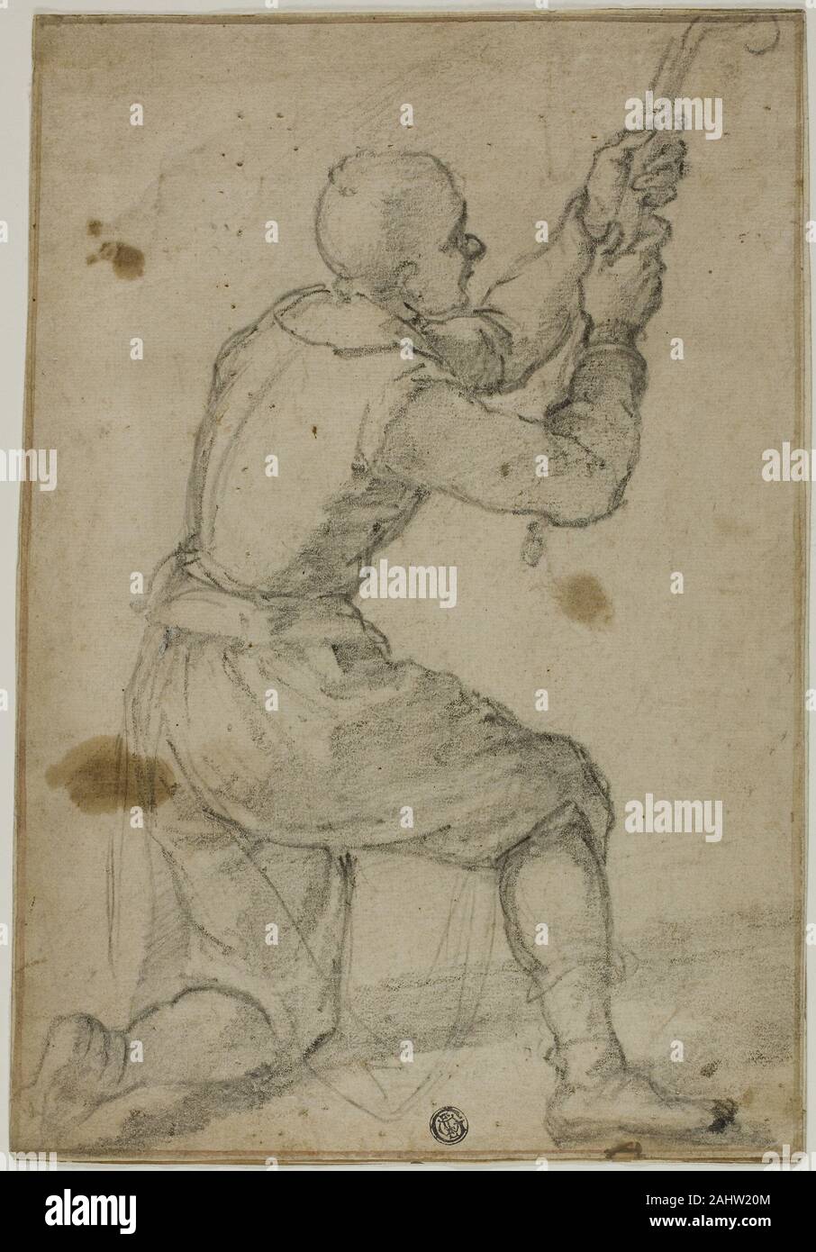 Bernardino Poccetti. Uomo in ginocchio, tirando sulla fune. 1602-1606. L'Italia. Gesso nero su crema di latte di cui la carta Foto Stock