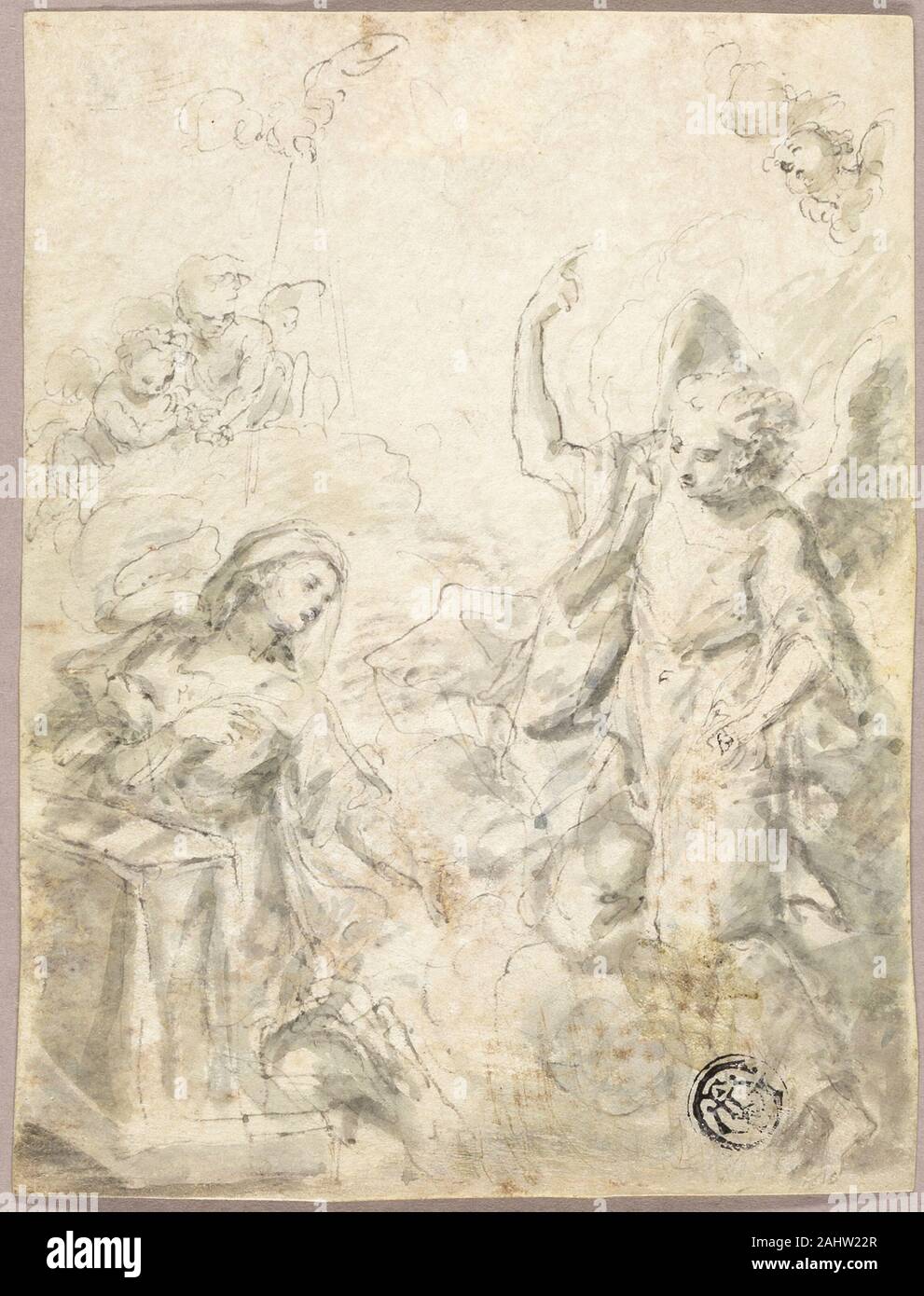 Cosmo Damian Asam. Annunciazione. 1645-1799. Germania. Penna e inchiostro nero, con spazzola e grey wash, intensificato con gouache bianco, su pergamena con preparato uno strato di terra Foto Stock