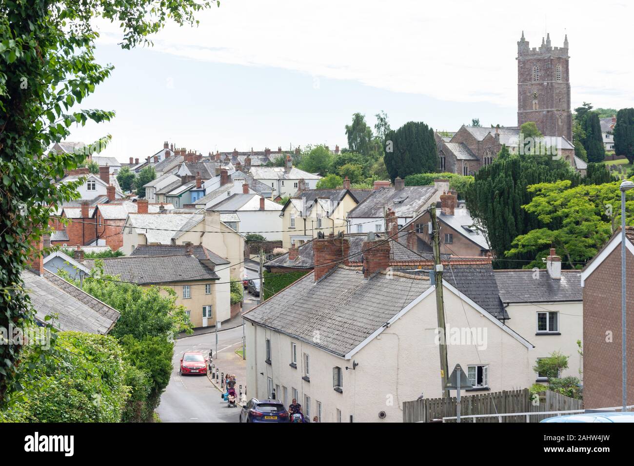Vista del villaggio da Cullompton Hill, Bradninch, Devon, Inghilterra, Regno Unito Foto Stock