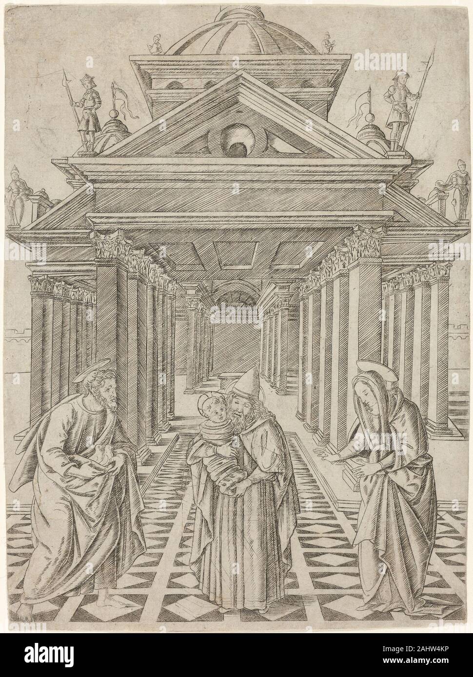Francesco Rosselli. La presentazione al Tempio, la lastra 4 dalla vita della Vergine e di Cristo. 1465-1475. L'Italia. Incisione in nero su carta avorio Francesco Rosselli combinate le lunghe corse parallele del suo incisore il bulino con un punto di vista per creare centralmente un concentrato, ritirando il senso di profondità. La simmetrica sfondo teatrale telai le figure di primo piano del Cristo, Maria, e due rabbini. Il profeta Amos (1934.5), viene anche attribuito all'artista, mostrando la sua gamma con un approccio più fini di leggermente le ombre tratteggiate e contorni più scuri. In contrasto, Giovanni da Brescia ach Foto Stock