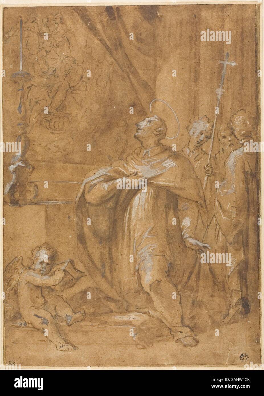 Sigismondo Caula. San Carlo Borromeo adorare un immagine della nascita della Vergine. 1684-1687. L'Italia. Pennello e inchiostro marrone e lavare con gesso nero, intensificato con filo bianco (parzialmente scolorito), su marrone carta vergata, fissate sulla carta Foto Stock