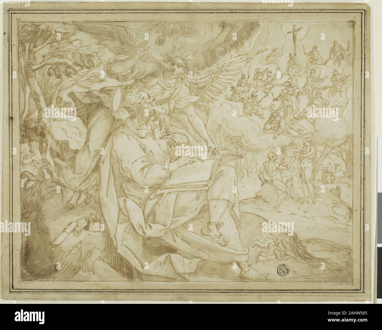 Marten de Vos. San Matteo con Adamo ed Eva e l'albero di Jesse. 1552-1603. Le Fiandre. Penna e inchiostro bruno, con spazzola e lavaggio marrone, rafforzata con il bianco gouache su tracce di gesso nero, su avorio carta vergata, stabilite su tan di cui la carta Foto Stock