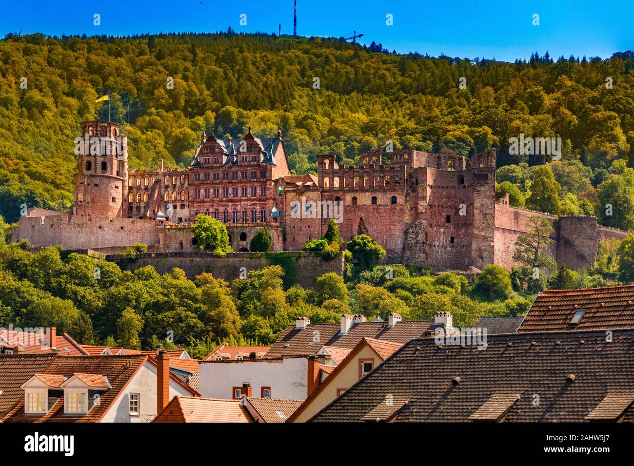 Grande vista ravvicinata del famoso castello di Heidelberg, una rovina e punto di riferimento sulla parte nord della collina Königstuhl in Heidelberg su un bel... Foto Stock