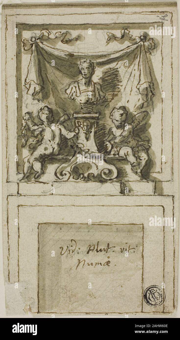 James Thornhill. Design per la Overmantel di una caminiera con busto di Numa Pompilio. 1695-1734. In Inghilterra. Penna e inchiostro bruno con pennello e lavaggio verde, su grafite, su avorio carta vergata, ribalta su avorio carta intessuta Foto Stock