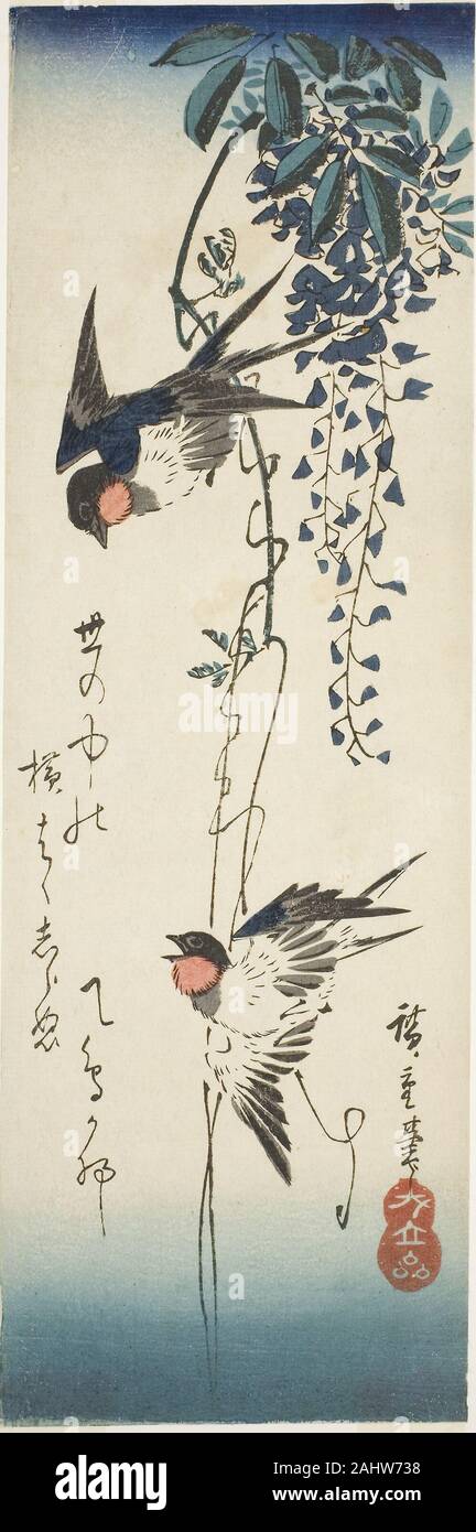 Utagawa Hiroshige. Rondini e glicine. 1840-1849. Il Giappone. Colore stampa woodblock; aitanzaku Foto Stock Utagawa Hiroshige. Rondini e glicine. 1840-1849. Il Giappone. Colore stampa woodblock; aitanzaku Foto Stock