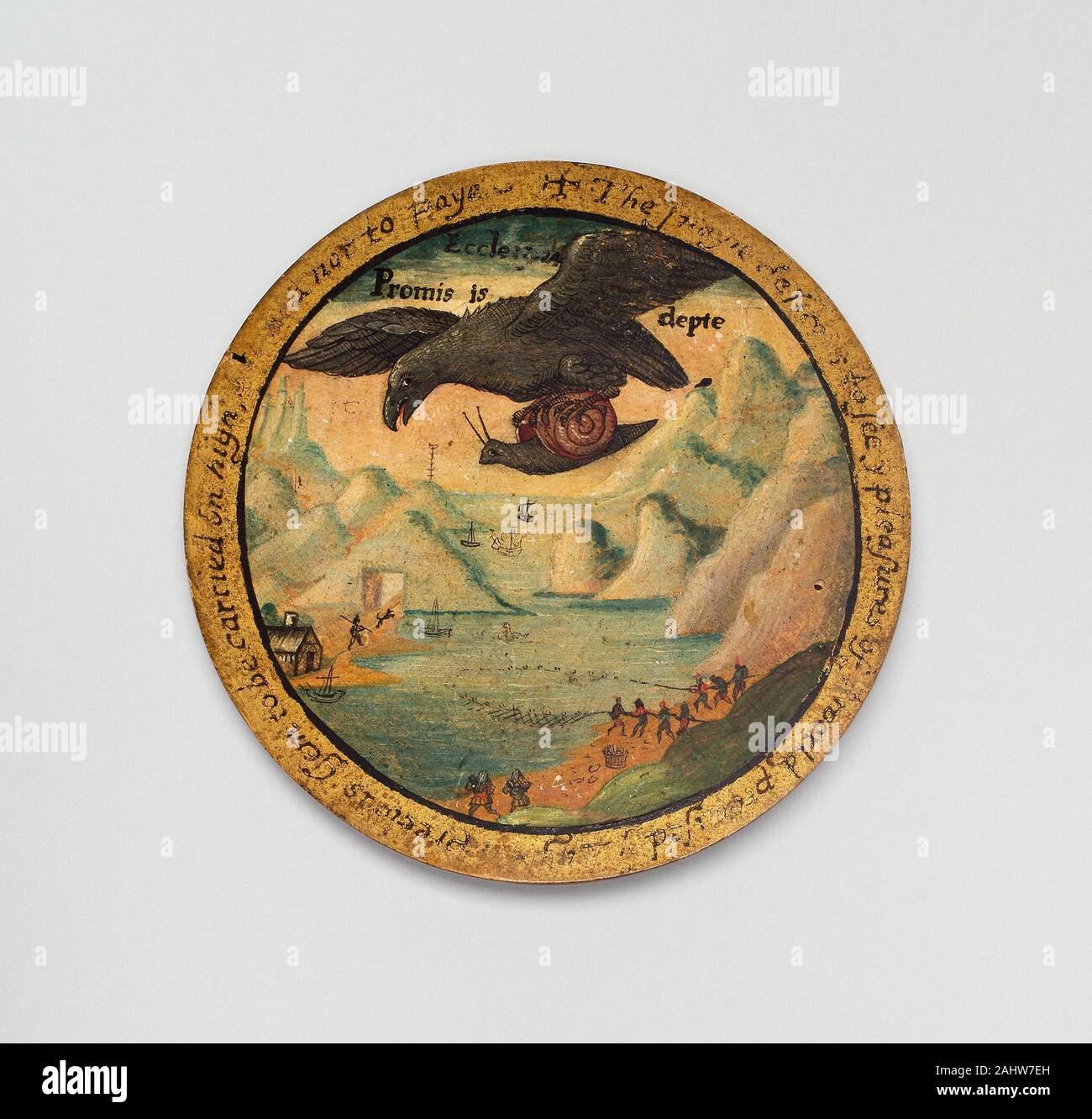 Scavatrincee con una scena di Esopo favole. 1595-1605. In Inghilterra. Platano, dipinto e dorato Foto Stock