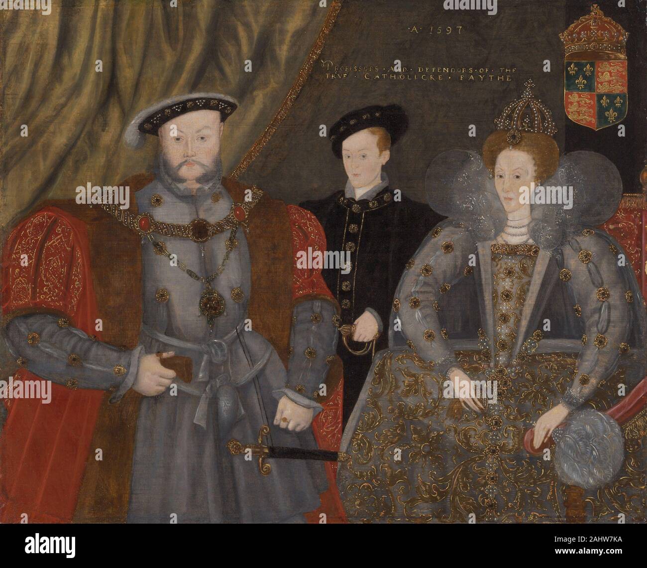 Henry VIII, Elisabetta I, e Edward VI. 1597. In Inghilterra. Olio su pannello Foto Stock