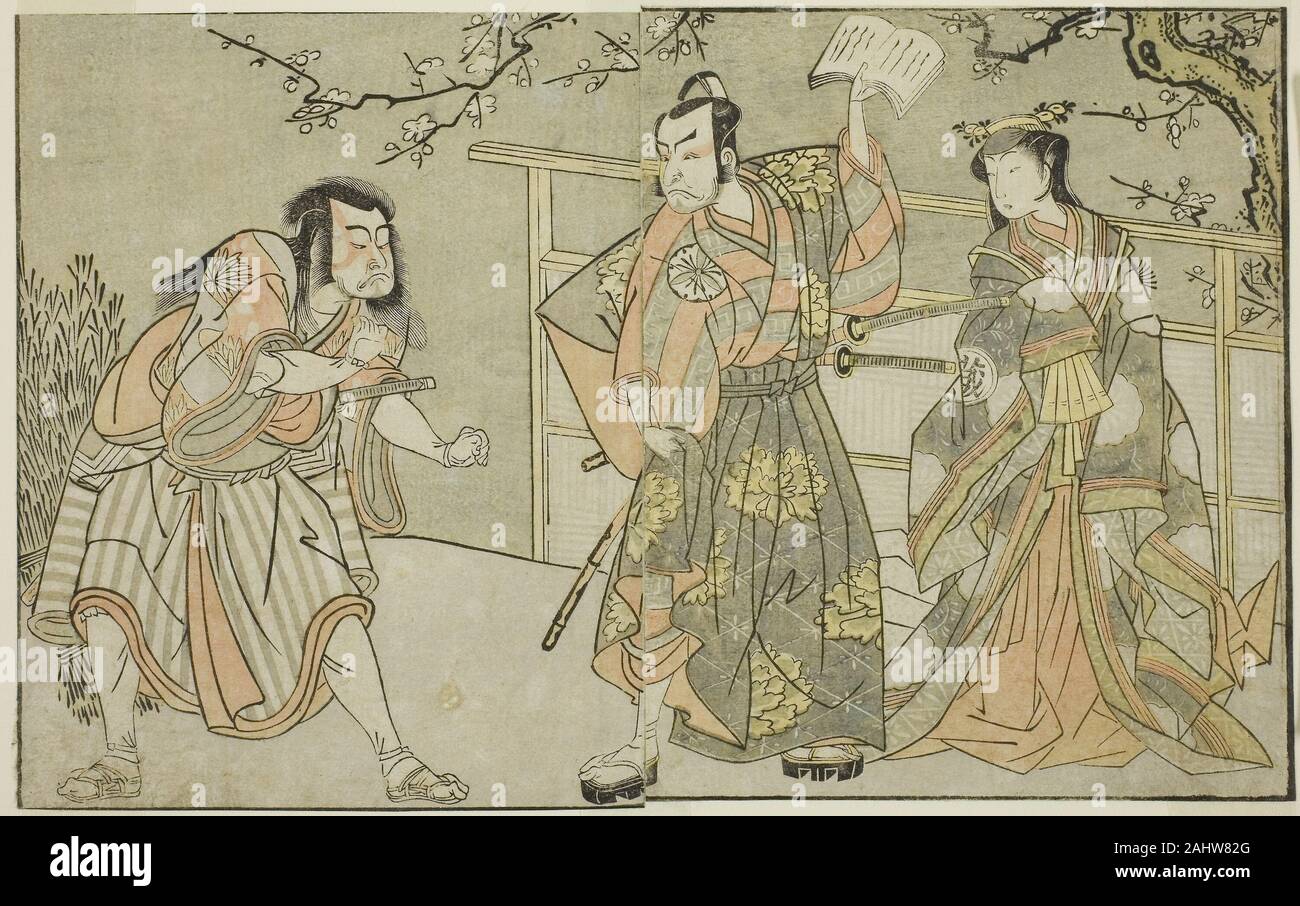 Katsukawa Shunsho. Gli attori Yamashita Yaozo I come Ono no Komachi (a destra), Matsumoto Koshiro II come Godai Saburo (centro), e Ichikawa Danzo III come Otomo no Kuronushi (sinistra), nel gioco Kuni no hana ono nessun Itsumoji, eseguita presso il Teatro Nakamura nell'undicesimo mese, 1771. 1767-1777. Il Giappone. Colore stampa woodblock; pagina dal libro illustrato Yakusha Kuni no hana Foto Stock