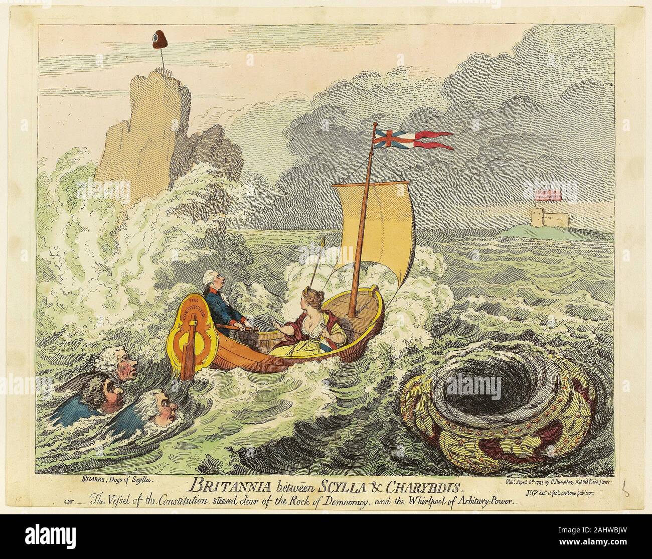 James Gillray. Britannia tra Scilla e Cariddi. 1793. In Inghilterra. Attacco in marrone scuro, con handcoloring, crema su carta intessuta prolifico James Gillray spesso inclusi classici riferimenti nautico nella sua politica contemporanea satire. Intorno al tempo della rivoluzione francese, Gillray ha rappresentato il primo ministro britannico William Pitt come vagare Odysseus, che i piloti di una piccola nave tenendo la formosa Britannia attraverso un pericoloso stretto verso il "paradiso della pubblica felicità." Pitt tenta di sterzare tra due opposte forme di governo un idromassaggio (Cariddi) sulla destra, symbo Foto Stock
