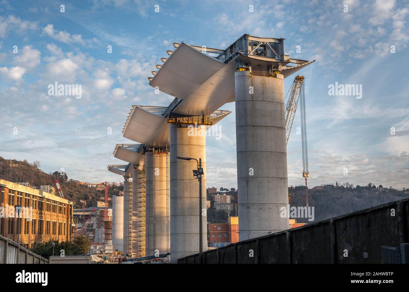 Genova, Genova, Italia: costruzione sito dove è crollato il ponte Morandi (viadotto Polcevera) sorgeva l. Nuovo ponte progettato da Renzo Piano Foto Stock