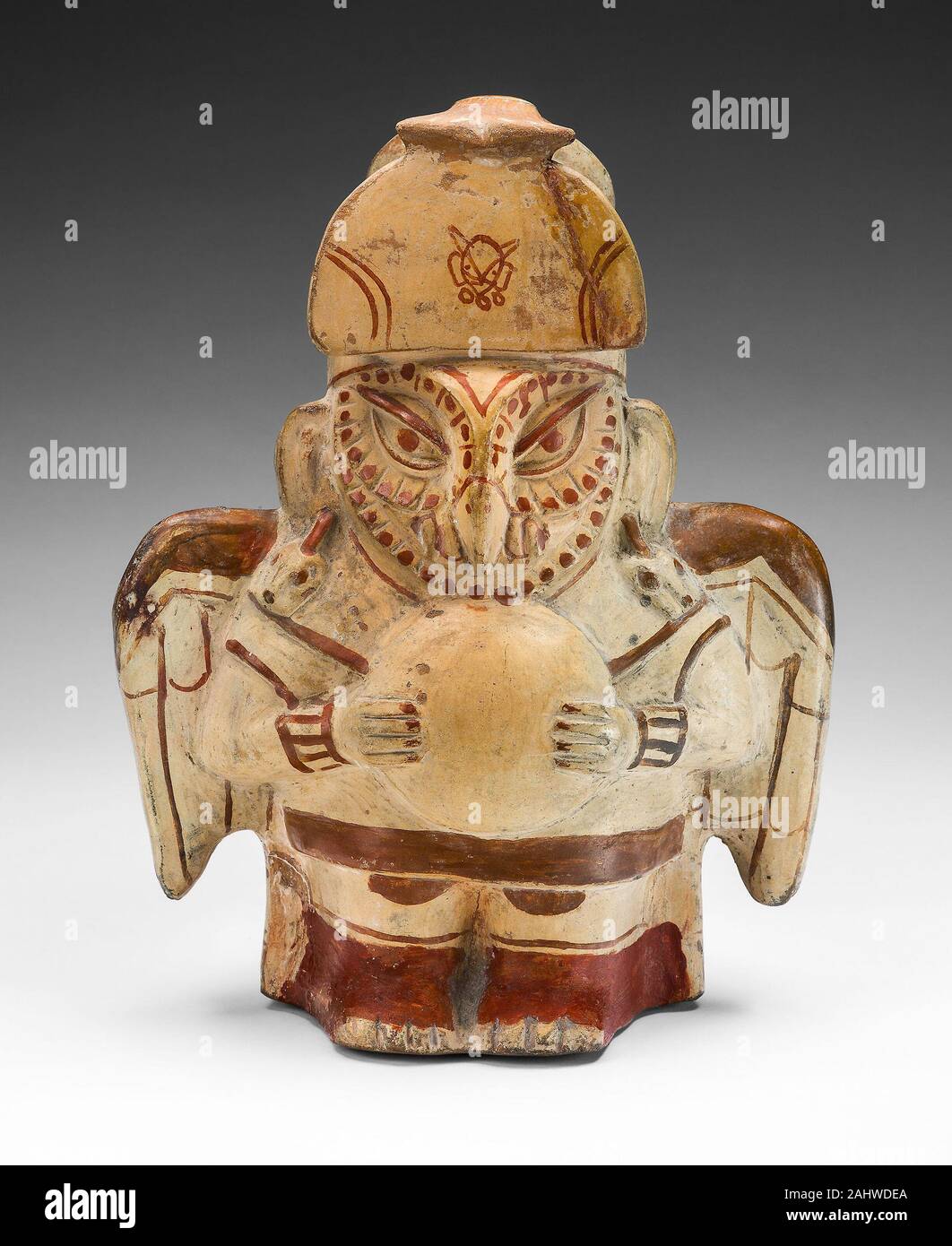 Moche. Vaso in forma di un gufo Impersonator. 100 BC-500 D.C. Costa Nord. Ceramica e pigmento Foto Stock